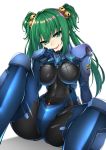  armor bell bodysuit breasts commission cui_yifei eyebrows_visible_through_hair green_eyes green_hair hair_bell hair_between_eyes hair_ornament head_tilt healther jingle_bell long_hair looking_at_viewer medium_breasts muvluv muvluv_alternative open_mouth simple_background sitting smile solo spread_legs twintails v-shaped_eyebrows white_background 