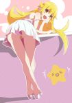  :d ass bandaid bandaid_on_pussy bent_over blonde_hair blush_stickers chin_rest crossed_legs dress fang gesugesu_ahoaho looking_at_viewer looking_back monogatari_(series) no_panties open_mouth oshino_shinobu outline pink_dress pointy_ears polka_dot polka_dot_background shadow shoes short_dress sleeveless sleeveless_dress smile solo star strap_slip thigh_gap white_outline yellow_eyes 