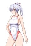  competition_swimsuit covered_navel cowboy_shot depo_(typebaby505) fate/grand_order fate_(series) long_hair one-piece_swimsuit ponytail red_eyes silver_hair simple_background solo swimsuit tomoe_gozen_(fate/grand_order) very_long_hair white_background white_swimsuit 