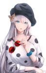  beret blue_eyes breasts casual choker earrings eyewear_removed fate/grand_order fate_(series) hair_ornament hat jewelry limeblock long_hair looking_at_viewer parted_lips silver_hair simple_background sunglasses very_long_hair white_background white_hair 