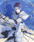  armor arondight blue_cape cape fate/grand_order fate_(series) holding holding_sword holding_weapon knight lancelot_(fate/grand_order) looking_away male_focus purple_eyes purple_hair solo sword weapon white_armor yepnean 