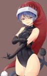  black_gloves black_swimsuit blue_eyes blue_hair brown_background competition_swimsuit cowboy_shot doremy_sweet elbow_gloves gloves hat highres nama_shirasu nightcap one-piece_swimsuit pom_pom_(clothes) short_hair simple_background smug solo standing swimsuit touhou turtleneck 