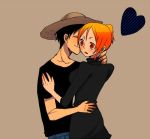  1boy 1girl black_eyes black_hair blush couple duo female hat lunami male monkey_d_luffy nami_(one_piece) one_piece orange_hair pirate short_hair smile straw_hat_pirates tattoo 