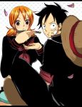  1boy 1girl black_eyes black_hair blush couple duo female hat lunami male monkey_d_luffy nami_(one_piece) one_piece orange_hair pirate short_hair smile straw_hat_pirates tattoo 