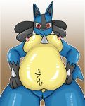  2018 anthro belly big_belly big_breasts blue_fur bork breasts butt confident digital_media_(artwork) domination female fur hi_res huge_breasts looking_at_viewer looking_down lucario nintendo nipples overweight pok&eacute;mon pok&eacute;mon_(species) presenting pussy red_eyes simple_background solo standing thick_thighs video_games wide_hips 