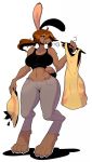  4_fingers 4_toes anthro big_ears brown_fur brown_hair buckteeth clothed clothing crop_top digitigrade female fur hair hair_over_eye hat holding_object hypnofood lagomorph long_hair mammal midriff navel pants paws shirt solo sundress teeth toes wide_hips 