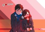  1girl blush brown_hair closed_eyes collared_jacket commentary_request couple earbuds earphones happy hetero original phone scarf shared_earphones shiromanta short_hair suit_jacket 
