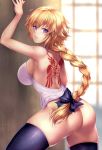  against_wall armpits ass back_tattoo backless_outfit bare_shoulders black_legwear blonde_hair blue_eyes blush bottomless braid breasts command_spell fate/apocrypha fate_(series) from_behind hair_between_eyes hair_ribbon highres indoors jeanne_d'arc_(fate) jeanne_d'arc_(fate)_(all) large_breasts legs_apart long_braid long_hair looking_at_viewer looking_back md5_mismatch nasaniliu no_panties parted_lips revision ribbon sideboob solo standing tattoo teeth thighhighs very_long_hair 