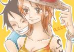  1boy 1girl black_eyes black_hair blush couple duo female hat lunami male monkey_d_luffy nami_(one_piece) one_piece orange_hair pirate short_hair smile straw_hat_pirates tattoo 