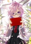  ahoge black-framed_eyewear commentary_request fate/grand_order fate_(series) flower flower_request glasses highres lavender_hair looking_at_viewer mash_kyrielight necktie purple_eyes red_neckwear red_string short_hair smile solo string upper_body window yano_mitsuki 