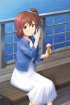  artist_name bangs basa_rutan bench blue_scrunchie blush brown_hair buttons day denim denim_jacket dress feet_out_of_frame fence finger_licking food hair_ornament hair_scrunchie hairclip highres holding holding_food ice_cream_cone idolmaster idolmaster_million_live! kasuga_mirai licking long_sleeves looking_at_viewer ocean one_side_up outdoors scrunchie short_hair sitting solo white_dress wing_collar yellow_eyes 