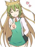  ^_^ absurdres ahoge animal_ears apron atalanta_(fate) black_skirt braid brown_hair cat_ears closed_eyes collared_shirt commentary_request cowboy_shot facing_viewer fate/grand_order fate_(series) gradient_hair green_apron green_hair grin hand_behind_head heart highres long_hair long_sleeves mitchi multicolored_hair necktie orange_neckwear outstretched_arm pleated_skirt shirt simple_background skirt smile solo v very_long_hair white_background white_shirt 