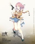  artist_request blue_skirt breasts cleavage coat flag girls_frontline gun hair_ornament handgun high_heels highres mp443 mp443_(girls_frontline) official_art pouch purple_hair skirt torn_clothes torn_skirt weapon white_background white_flag 