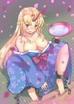  arm_up bangs bare_shoulders barefoot between_legs blonde_hair blush breasts chain cherry_blossom_print cleavage collarbone commentary_request cuffs cup eyebrows_visible_through_hair fang floral_print hand_between_legs horn hoshiguma_yuugi japanese_clothes kimono knees_up large_breasts long_hair looking_at_viewer no_bra off_shoulder onomiya open_mouth parted_bangs petals pointy_ears sakazuki shackles sitting solo star star_print tatami touhou very_long_hair yellow_eyes 