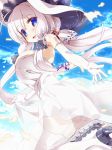  2018 :d ahoge azur_lane bangs bare_shoulders black_footwear blue_eyes blue_sky breasts cloud cross dated day dress elbow_gloves eyebrows eyebrows_visible_through_hair floating_hair flower garter_straps gloves hair_flower hair_ornament hair_ribbon hat high_heels illustrious_(azur_lane) large_breasts leg_up lifted_by_self light_particles long_hair low_ponytail miuku_(marine_sapphire) mole mole_under_eye open_mouth outdoors petals ponytail ribbon sidelocks skirt_hold sky smile solo sun_hat thighhighs tongue tress_ribbon white_dress white_flower white_gloves white_hair white_hat white_legwear 