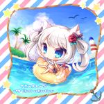  :&lt; anchor animal_ears azur_lane bangs bare_legs barefoot bell big_head bikini bird black_bow blue_eyes blue_sky blush bow cat_ears cat_girl cat_tail chibi closed_mouth cloud cloudy_sky copyright_name day diagonal-striped_background diagonal_stripes english eyebrows_visible_through_hair fisheye flower full_body hair_between_eyes hair_bow hair_flower hair_ornament hair_rings hammann_(azur_lane) hand_up highres island jingle_bell lighthouse long_hair looking_at_viewer ocean outdoors palm_tree red_bow red_flower red_rose rose ryuuka_sane silver_hair sky solo star striped striped_background sunlight swimsuit tail tail_bell tail_bow translated tree twintails water white_bikini 