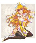  blonde_hair breasts china_dress chinese_clothes commentary double_bun dress high_heels iesupa large_breasts long_hair prosthesis prosthetic_arm purple_eyes rwby solo thighhighs wavy_hair yang_xiao_long 