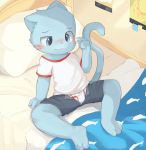  anthro anus bed bedding blanket blue_eyes blue_fur blush briefs bulge cartoon_network cat cheeseb child clothed clothing cub feline fur gumball_watterson hi_res male mammal shirt shorts sitting solo t-shirt the_amazing_world_of_gumball underwear young 