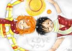  1boy 1girl black_eyes black_hair blush couple duo female hat lunami male monkey_d_luffy nami_(one_piece) one_piece orange_hair pirate short_hair smile straw_hat_pirates tattoo 