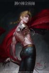  amputee belt blonde_hair braid chain cloak copyright_name denim edward_elric from_side fullmetal_alchemist highres in-hyuk_lee jeans male_focus mechanical_arm muscle pants parts_exposed red_eyes shadow shirtless signature single_braid solo veins watermark web_address 