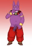  balls barazoku cat champa deity dragon_ball dragon_ball_series dragon_ball_super drinking exposing feline glans gradient humanoid_penis jewelry male mammal nipples penis seyrmo simple_background slightly_chubby solo yellow_eyes 