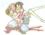  1boy 1girl black_eyes black_hair blush couple duo female hat lunami male monkey_d_luffy nami_(one_piece) one_piece orange_hair pirate short_hair smile straw_hat_pirates tattoo 