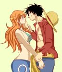  1boy 1girl black_eyes black_hair blush couple duo female hat lunami male monkey_d_luffy nami_(one_piece) one_piece orange_hair pirate short_hair smile straw_hat_pirates tattoo 