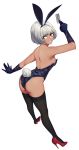 animal_ears ass bangs bare_back bare_shoulders black_legwear bob_cut breasts bunny_ears bunny_tail bunnysuit card dark_skin elbow_gloves fake_animal_ears from_behind full_body gloves high_heels highres holding leotard looking_at_viewer looking_back medium_breasts original parted_lips red_eyes shiny shiny_hair short_hair silver_hair simple_background smile solo strapless strapless_leotard tail tail_through_clothes thighhighs white_background yan_wan 