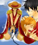  1boy 1girl black_eyes black_hair blush couple duo female hat lunami male monkey_d_luffy nami_(one_piece) one_piece orange_hair pirate short_hair smile straw_hat_pirates tattoo 