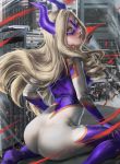  arched_back arms_at_sides artist_name ass blonde_hair bodysuit boku_no_hero_academia breasts carlos_miguel city cityscape day domino_mask from_behind giantess gloves highres horns large_breasts long_hair looking_at_viewer looking_back mask mount_lady purple_eyes red_eyes sitting skin_tight solo thighhighs wariza 
