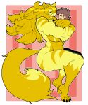  :d ahoge biceps big_breasts blonde_hair breasts canine claws eyes_closed fangs female fluffy fluffy_tail fur hair hug human hypnofood larger_female lezona long_hair male mammal multicolored_fur muscular muscular_female nude open_mouth size_difference smaller_male stripes teeth two_tone_fur wolf 
