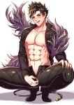  abs absurdres adonis_belt belial_(granblue_fantasy) black_hair black_pants black_shirt blush chest chiharudaaaaaaa feather_boa granblue_fantasy hand_on_own_thigh highres licking_lips looking_at_viewer male_focus naughty_face nipples open_clothes open_fly open_shirt pants red_eyes shirt simple_background solo squatting sweat tongue tongue_out unzipping white_background zipper 