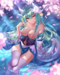  absurdres aqua_hair aqua_kimono areolae black_fire_(peter02713) breasts breasts_outside cherry_blossoms dragon_girl dragon_horns fate/grand_order fate_(series) highres horns japanese_clothes kimono kiyohime_(fate/grand_order) large_breasts looking_at_viewer nipples obi off_shoulder partially_submerged pelvic_curtain sash short_kimono sitting smile solo thighhighs white_legwear wide_sleeves yellow_eyes 