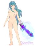  1girl areolae bare_shoulders blue_eyes blue_hair blush breasts clitoris eirika eirika_(fire_emblem) fire_emblem fire_emblem:_seima_no_kouseki hypnosis intelligent_systems lips navel nintendo nipples nude ondine pussy sword thighs weapon 