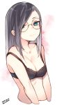  arms_at_sides artist_name black_bra black_hair blue_eyes bra breasts cleavage closed_mouth collarbone cropped_arms cropped_torso dated glasses highres long_hair looking_at_viewer looking_back medium_breasts original rimless_eyewear solo strap_slip tsunekichi underwear underwear_only upper_body 