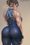  1girl alternate_costume ass bare_shoulders breasts brown_hair capcom chun-li curvy cutesexyrobutts double_bun female hair_bun hips large_breasts lips looking_at_viewer looking_back short_hair solo spiked_gauntlets street_fighter thick_thighs thighs wide_hips 