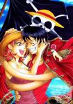  1boy 1girl black_eyes black_hair blush couple duo female hat lunami male monkey_d_luffy nami_(one_piece) one_piece orange_hair pirate short_hair smile straw_hat_pirates tattoo 