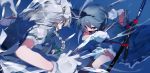  battle black_ribbon blue_dress blue_eyes blue_neckwear blue_ribbon blue_sky bow braid cloud commentary_request dress duel from_behind gloves green_bow grey_eyes grey_hair hair_between_eyes hair_bow hair_ribbon highres holding holding_knife holding_weapon ikurauni izayoi_sakuya knife knives_between_fingers konpaku_youmu looking_at_another maid maid_headdress motion_blur multiple_girls neck_ribbon open_mouth puffy_short_sleeves puffy_sleeves reflection ribbon scabbard sheath short_hair short_sleeves silver_hair skirt skirt_set sky sparkle sword touhou upper_body vest weapon white_gloves 