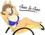  &lt;3 2018 anthro big_breasts bikini blue_eyes breasts brown_hair canine chair clothing dog english_text eyewear female hair hi_res jinu june_(jinu) looking_at_viewer mammal open_mouth open_smile shiba_inu short_hair simple_background sitting smile solo sunglasses swimsuit teeth text tooth_gap white_background 