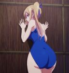  10s 1girl ass blonde_hair breasts curvy embarrassed female hair_ribbon highres huge_ass kawakami_mai looking_at_viewer looking_back musaigen_no_phantom_world one-piece_swimsuit ponytail ribbon screencap shiny side_ponytail solo swimsuit 