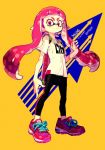  bangs commentary_request determined directional_arrow english frown inkling korean_commentary leggings long_hair looking_at_viewer pigeon666 pink_eyes pink_hair shirt shoes simple_background sneakers solo splatoon_(series) t-shirt 