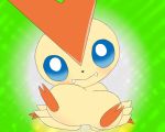  ambiguous_gender blush green_background legendary_pok&eacute;mon looking_at_viewer lying nintendo on_back pok&eacute;mon pok&eacute;mon_(species) ritoning8810 simple_background solo victini video_games 