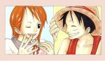  1boy 1girl black_eyes black_hair blush couple duo female hat lunami male monkey_d_luffy nami_(one_piece) one_piece orange_hair pirate short_hair smile straw_hat_pirates tattoo 