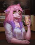  anthro beverage breasts cafe canine clothed clothing coffee collar female inside looking_at_viewer mammal smallcoffemaniac smile solo 