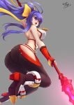  1girl antenna_hair arc_system_works ass attack bare_shoulders blazblue blazblue:_central_fiction blue_hair boots breasts eltnage fingerless_gloves frown gloves hair_ribbon large_breasts long_hair looking_down mai_natsume open_mouth outseal pants ponytail shiny shiny_clothes shiny_hair shiny_skin sideboob solo spear tight_pants 