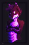  2018 anthro canine chest_tuft crossed_arms digital_media_(artwork) forru fur green_eyes hair kody_(kooder) looking_at_viewer male mammal pink_fur purple_hair redsunatdawn simple_background smile solo tuft 