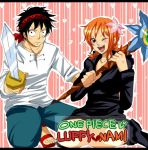  1boy 1girl black_eyes black_hair blush couple duo female hat lunami male monkey_d_luffy nami_(one_piece) one_piece orange_hair pirate short_hair smile straw_hat_pirates tattoo 