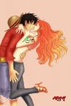  1boy 1girl black_eyes black_hair blush couple duo female hat long_hair lunami male monkey_d_luffy nami_(one_piece) one_piece orange_hair pirate short_hair smile straw_hat_pirates tattoo 