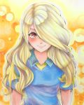  androgynous arms_at_sides aura bad_id bad_pixiv_id blonde_hair blue_shirt blush gradient gradient_background hair_over_one_eye hinano_kinsuke inazuma_eleven inazuma_eleven_(series) inazuma_eleven_go long_hair looking_at_viewer male_focus marker_(medium) orange_background otoko_no_ko red_eyes shirt short_sleeves smile solo soma_somari sparkle traditional_media upper_body 