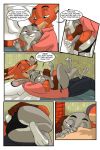  2018 akiric anthro bed border buckteeth butt canine clothed clothing comic cuddling dialogue dipstick_ears disney duo english_text female fox gloves_(marking) green_eyes inside judy_hopps lagomorph male male/female mammal markings motion_lines necktie nick_wilde on_top open_shirt panties pillow purple_eyes rabbit side-tie_panties speech_bubble spooning teeth text topless underwear white_border zootopia 